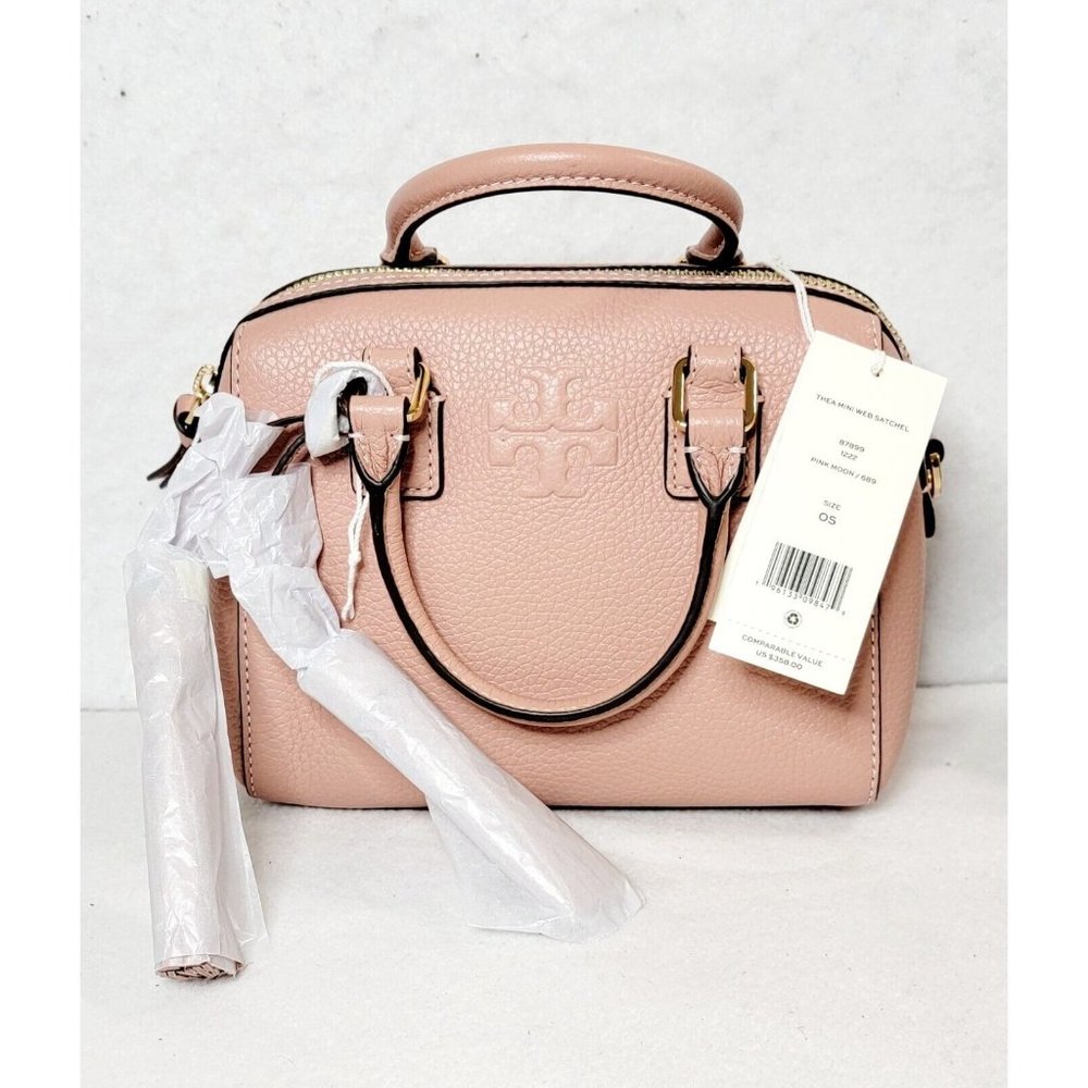 Tory Burch Thea Womens Pink Pebbled Leather Mini Web Satchel Handbag 87899 NWT - Picture 1 of 7